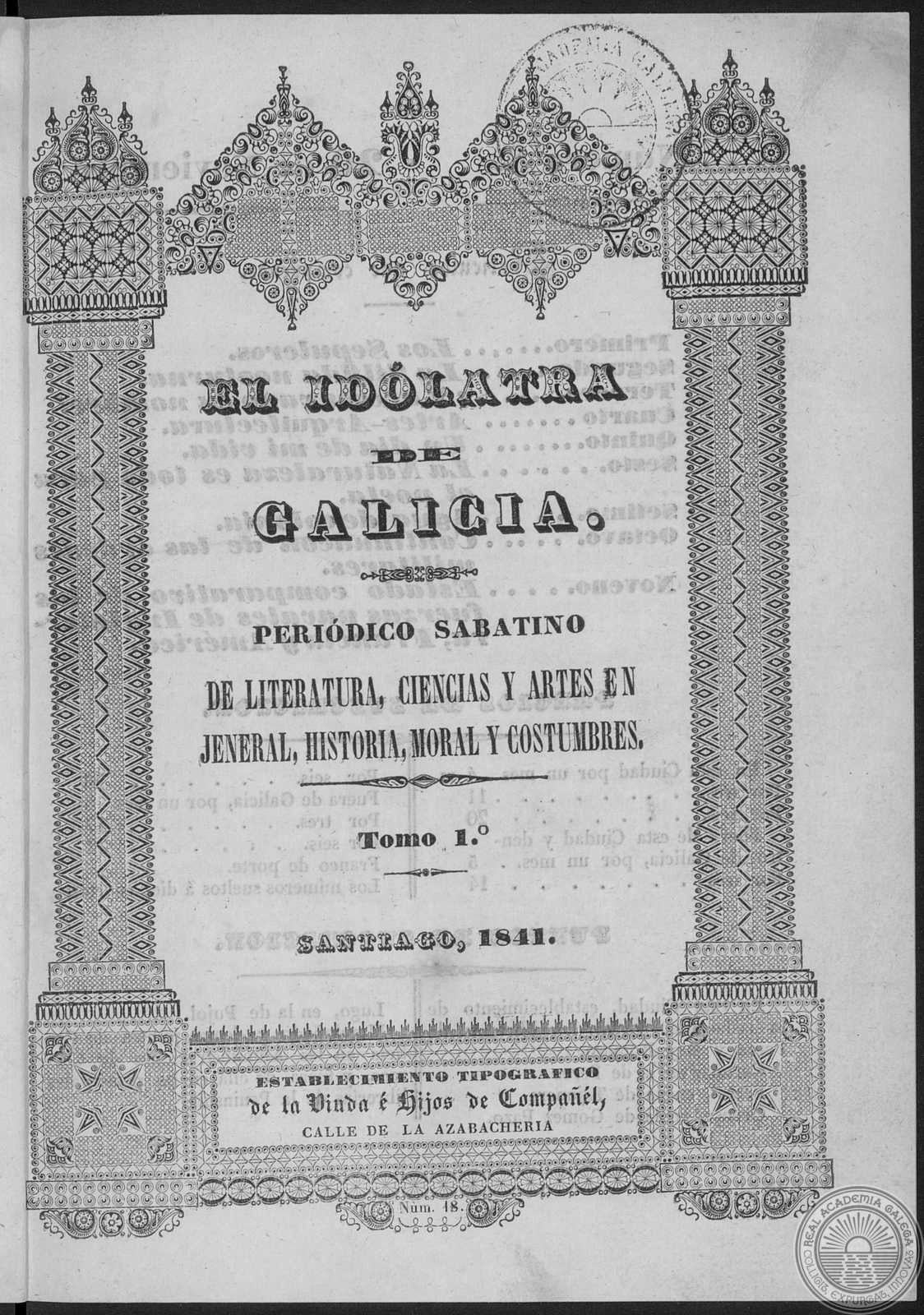 1841-portada-el_idolatra_de_galicia_jacoba-rivas_prospecto_n1